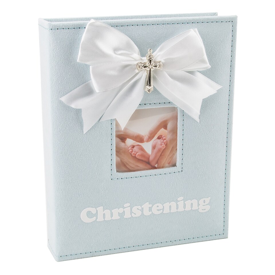 image 1 of White Faux-Silk Bow and Silver Plated Cross Christening Photo Album in Blue