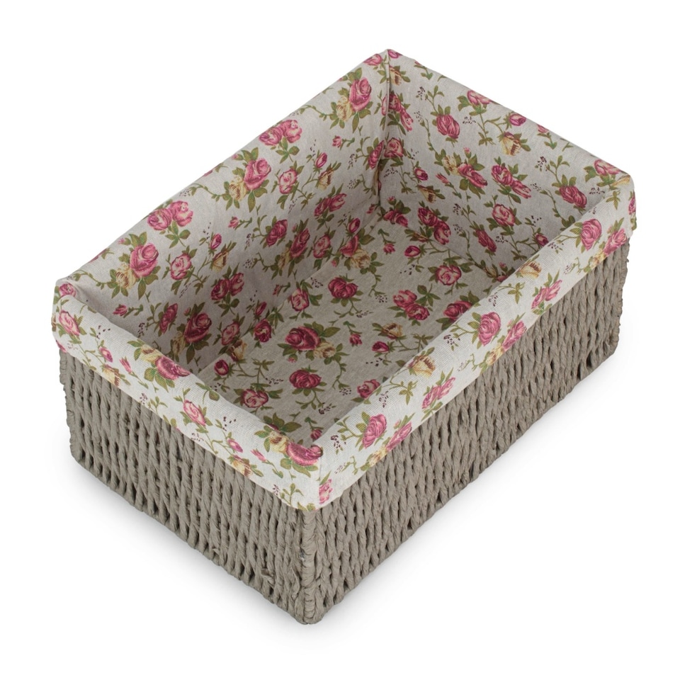 image 1 of Small Paper Rope Storage Basket with Garden Rose Cotton Lining | Grey | Grey | S
