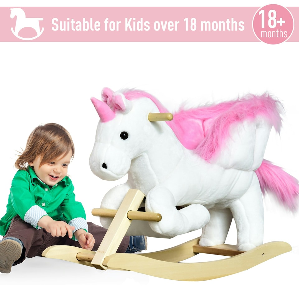image 1 of HOMCOM Kids Wooden Ride On Unicorn Rocking Horse Plush Toy Soft Seat Pink