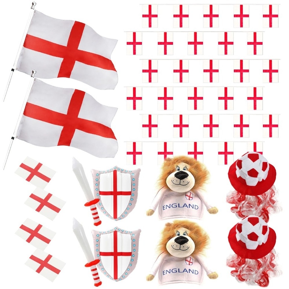 image 1 of Pack of 1 14 Piece England Set - Flags, Bunting, Tattoos, Inflatables & Hats Red | One Size