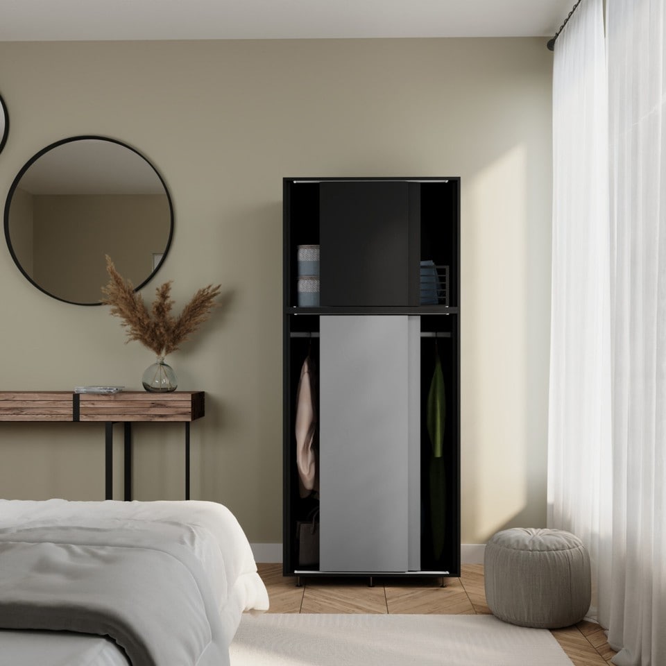 image 1 of 180cm 4 Sliding Doors Wardrobe Bedroom Storage Closet Hanging Rail Cupboard Unit | Multi | Black with Grey Doors | 1