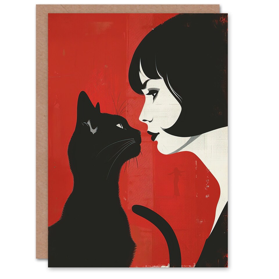 image 1 of Greeting Card Black Cat Lover Lady And Pet Bold Red Retro Style