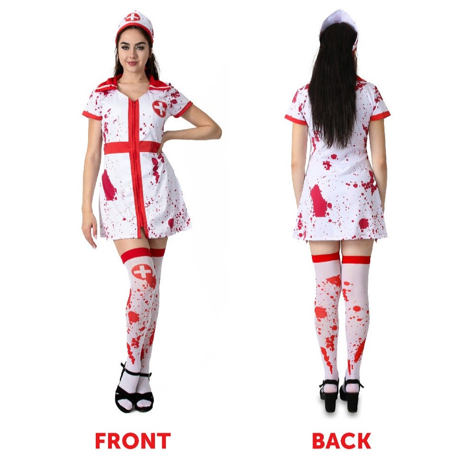 image 1 of Bloody Nurse Costume - with Stockings & Stethoscope Red | L