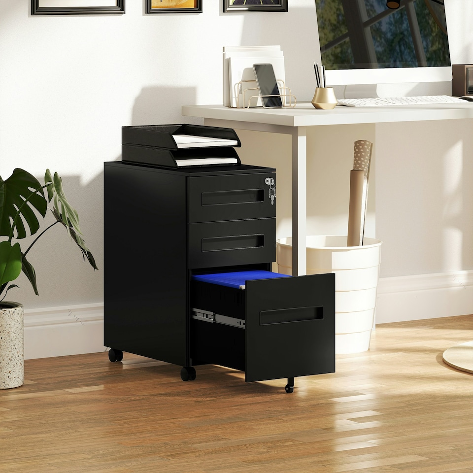 image 1 of Vinsetto Lockable Mobile Filing Cabinet w/ 3 Drawers 30 x 43.5 x 60 cm Black 