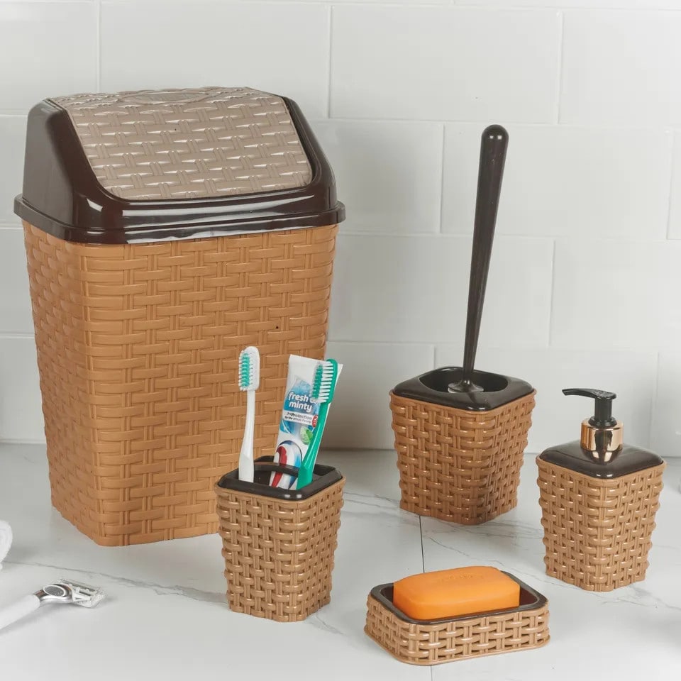 image 1 of 5-Pcs Violet Plastic Rattan Bathroom Set | Cream | 1