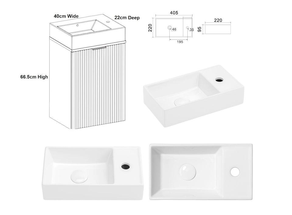 image 1 of Bathroom Vanity Unit 400mm Beige Wall Sink Cabinet Cloakroom Basin Slimline Fluted Cashmere Modern Small Unit with Sink Adel