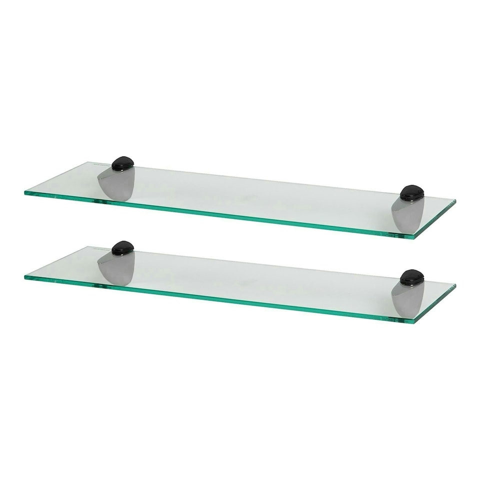 image 1 of Harbour Housewares Floating Glass Bathroom Shelves - 60cm - Clear with Black Brackets - 2 Pack Black