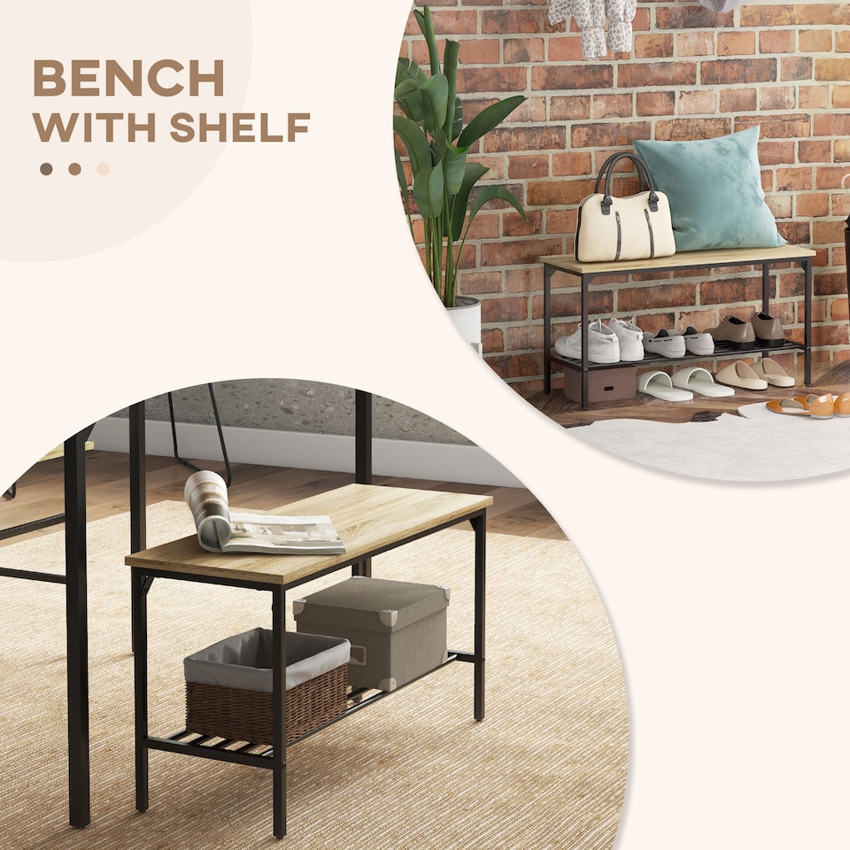 image 1 of HOMCOM 4 Piece Dining Table and Chairs Set, Industrial Kitchen Table Set of 4 with 2 Chairs and Bench, Space Saving Table and Chairs with Shelf for Small Spaces, Natural Wood Effect