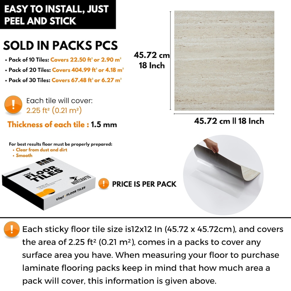 image 1 of NOVECRAFTO Vinyl Floor Tile – Self Adhesive 18x18 in – Travertine Dune – Peel & Stick for Kitchen, Bathroom & Living Room – Waterproof & Easy DIY Brown | 4.18 sqm