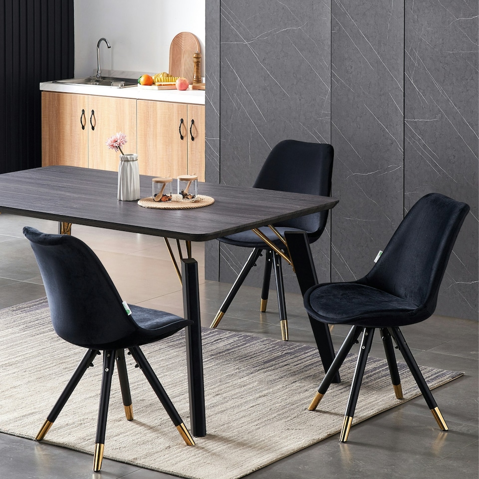 image 1 of Set of 4 Sofia Ergonomic Modern Dining Chairs Upholstered in Velvet, Metal Legs with Gold End Tips | Black