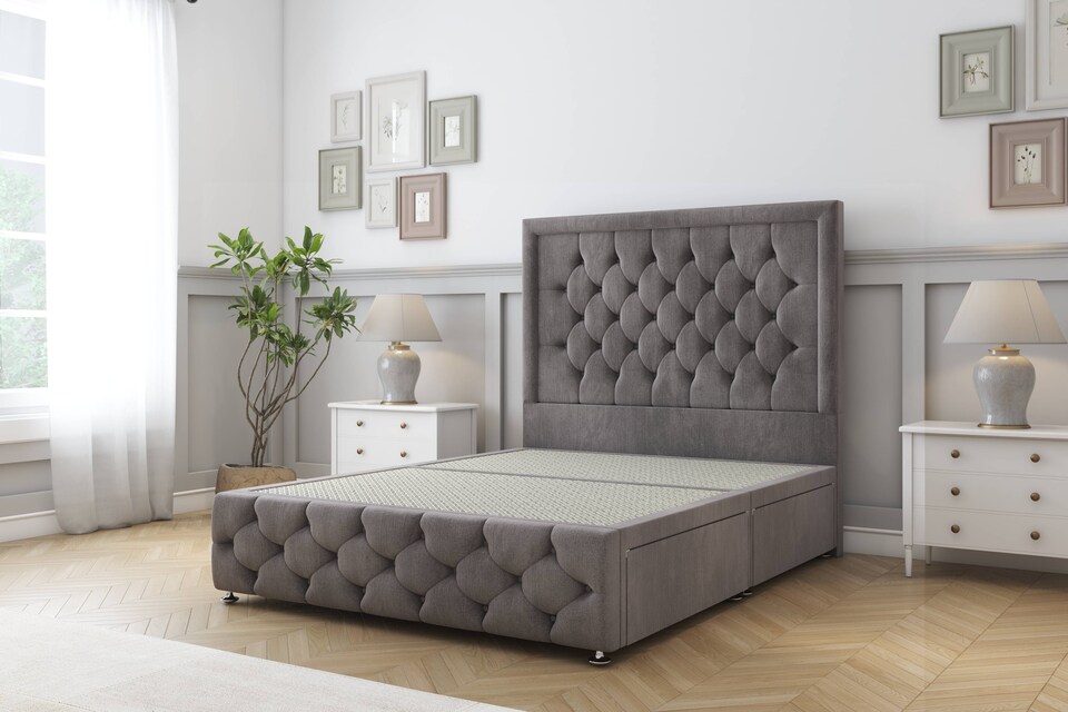 image 1 of Sloomy Vienna Slate Naples Divan Bed Base 4 Drawers With 26 Inch Strutted Headboard & 12 Inch Matching Footboard | Grey | Slate | Small Double | 1