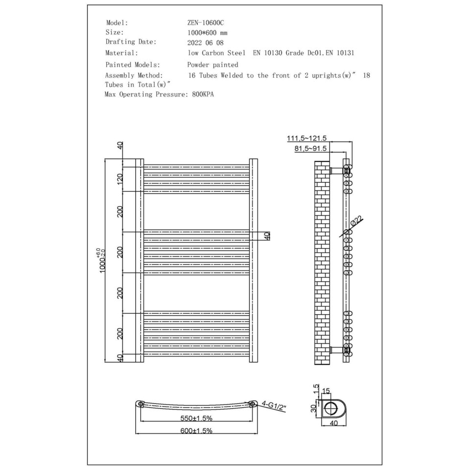 image 1 of Zennor - White Electric Towel Rail H1000mm x W600mm Curved 500w Standard