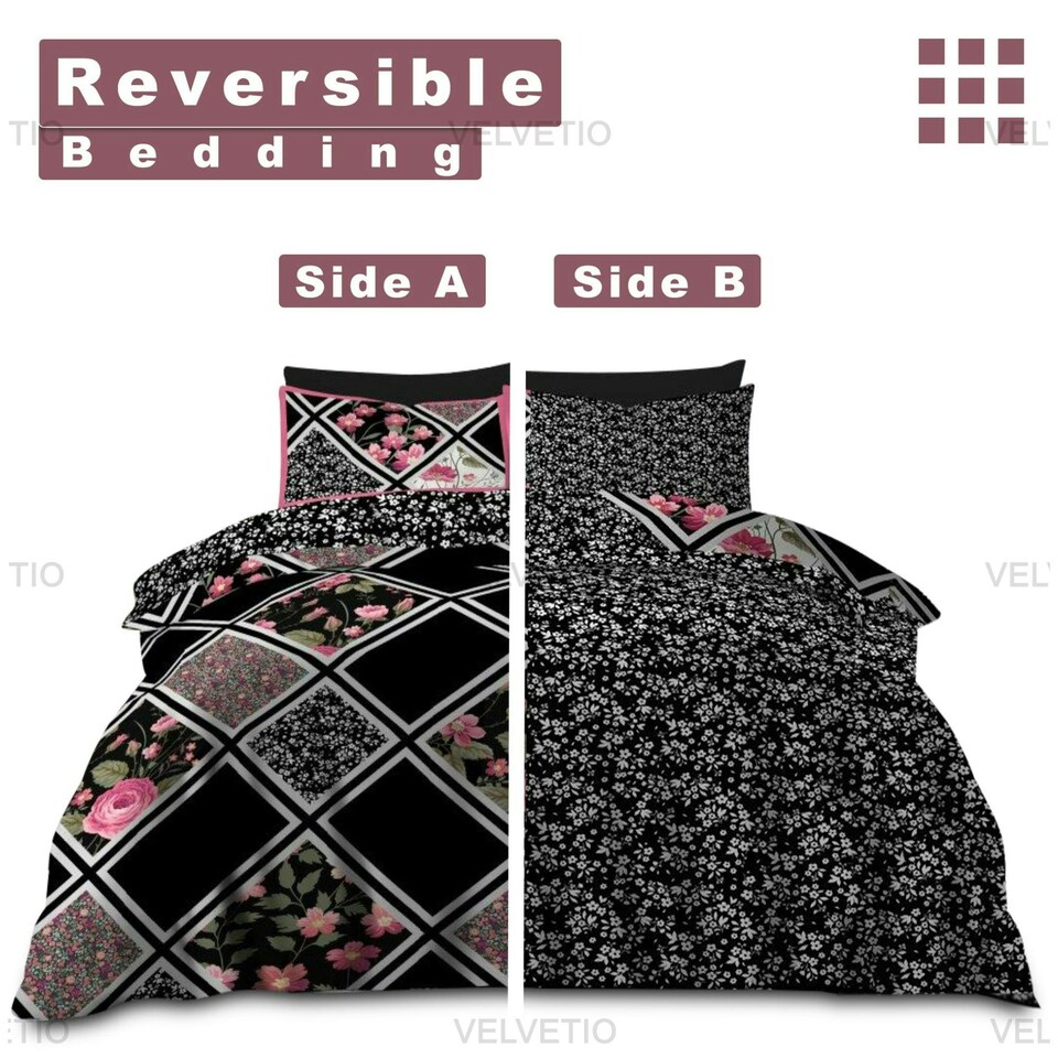 image 1 of VELVETIO Mitra Complete Duvet Cover Set with Fitted Sheet Soft Polycotton Bedding Sets Black | Double