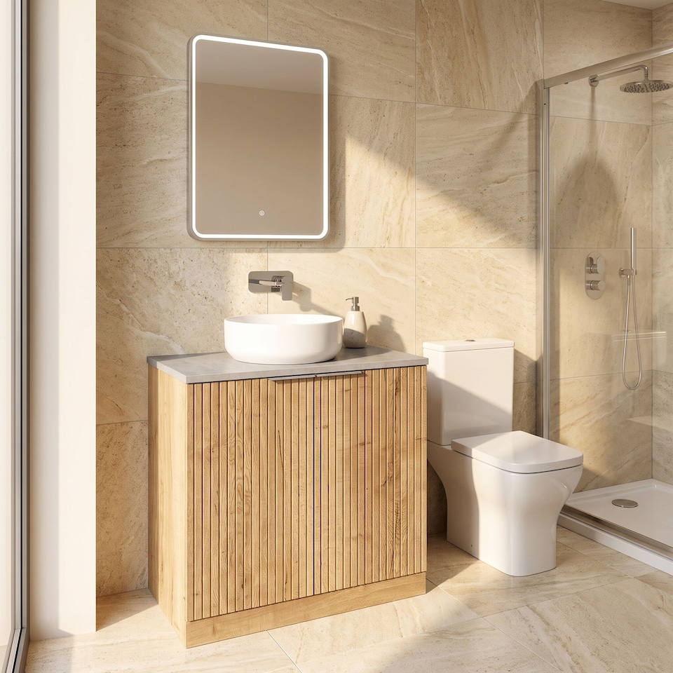 image 1 of Balterley Callingwood Contemporary Floor Standing 2 Door Vanity Unit with Bellato Grey Laminate Worktop , 800mm, Autumn Oak