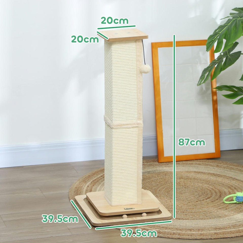 image 1 of PawHut 3-in-1 Cat Scratcher Post with Sisal Track Ball Toy, 87cm, Light Oak