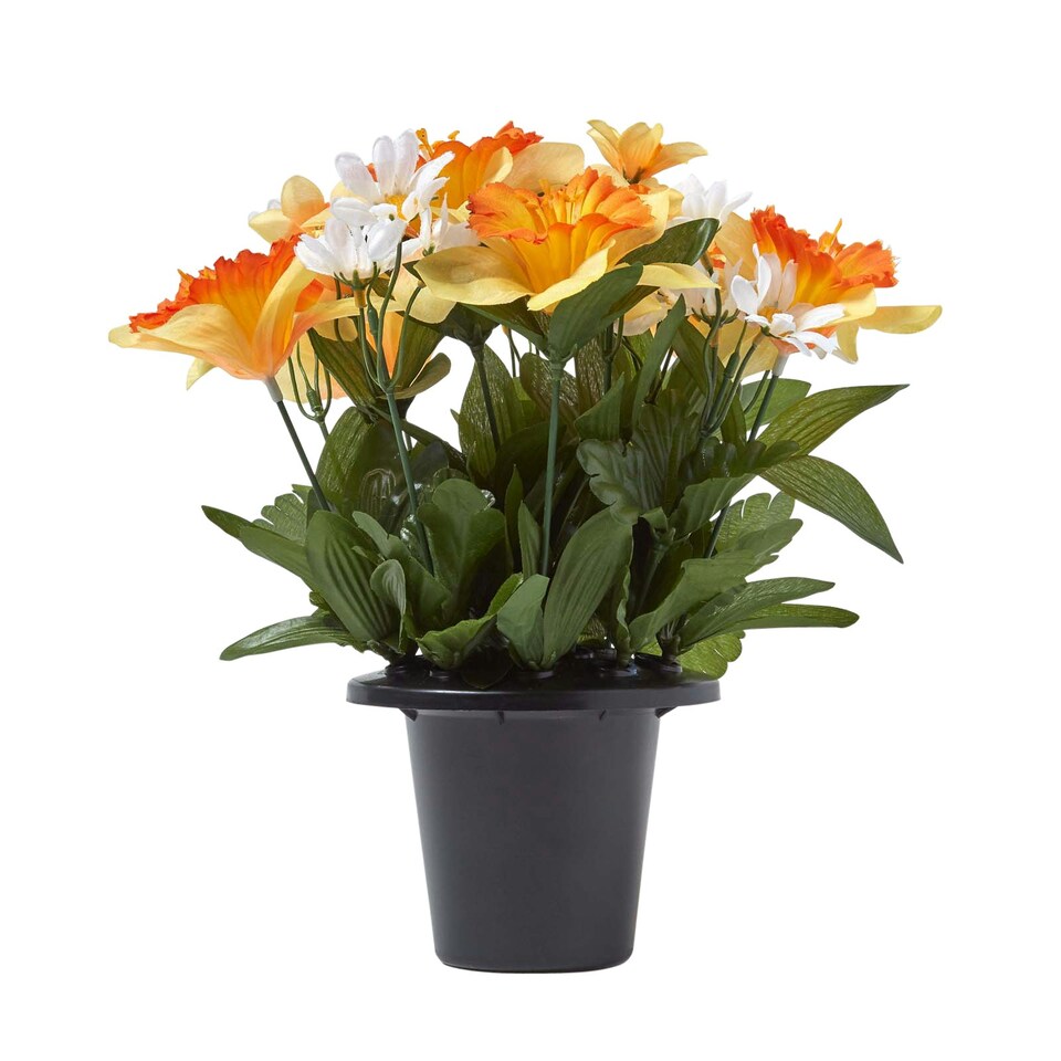 image 1 of Homescapes Set of 2 Yellow & Orange Narcissus & Daisy Artificial Flowers in Grave Vases