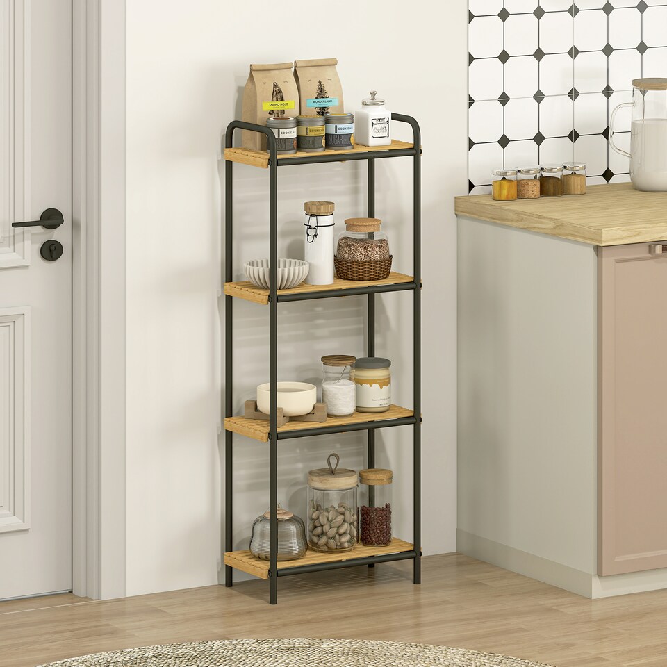 image 1 of HOMCOM 4-Tier Bamboo Bathroom Storage Shelf, Freestanding Narrow Shelving Unit with Slatted Shelves for Kitchen Bathroom Living Room, 41.5 x 21.5 x 106 cm, Natural and Black | Black