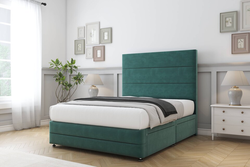 image 1 of Sloomy Monaco Emerald Plush Divan Bed Base 2 Drawers Left Side With 54 Inch Floor Standing Headboard & 12 Inch Matching Footboard | Green | Emerald | Small Single | 1