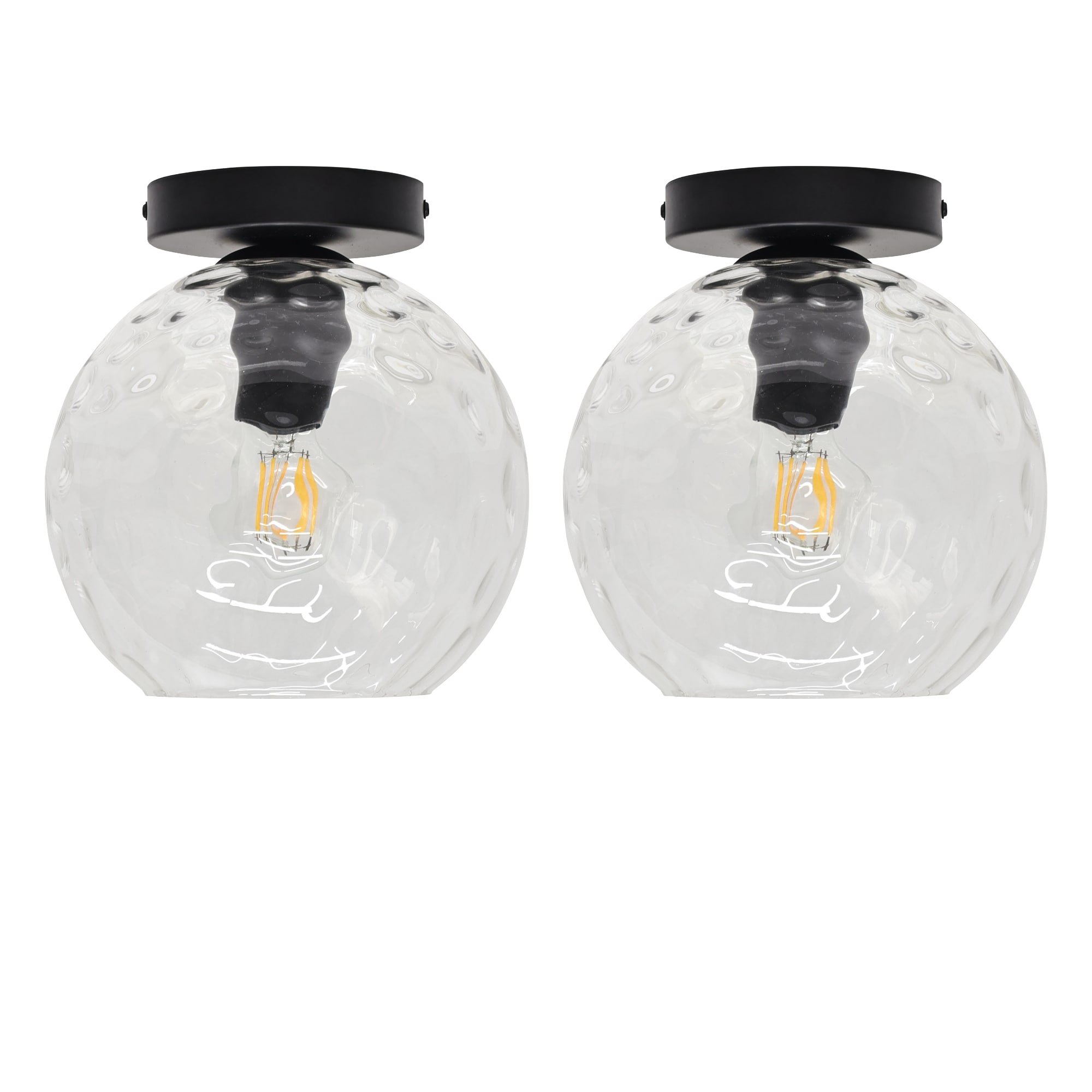 First Choice Lighting Set of 2 Barnum - Clear Dimple Glass Globe Black Ceiling Lights