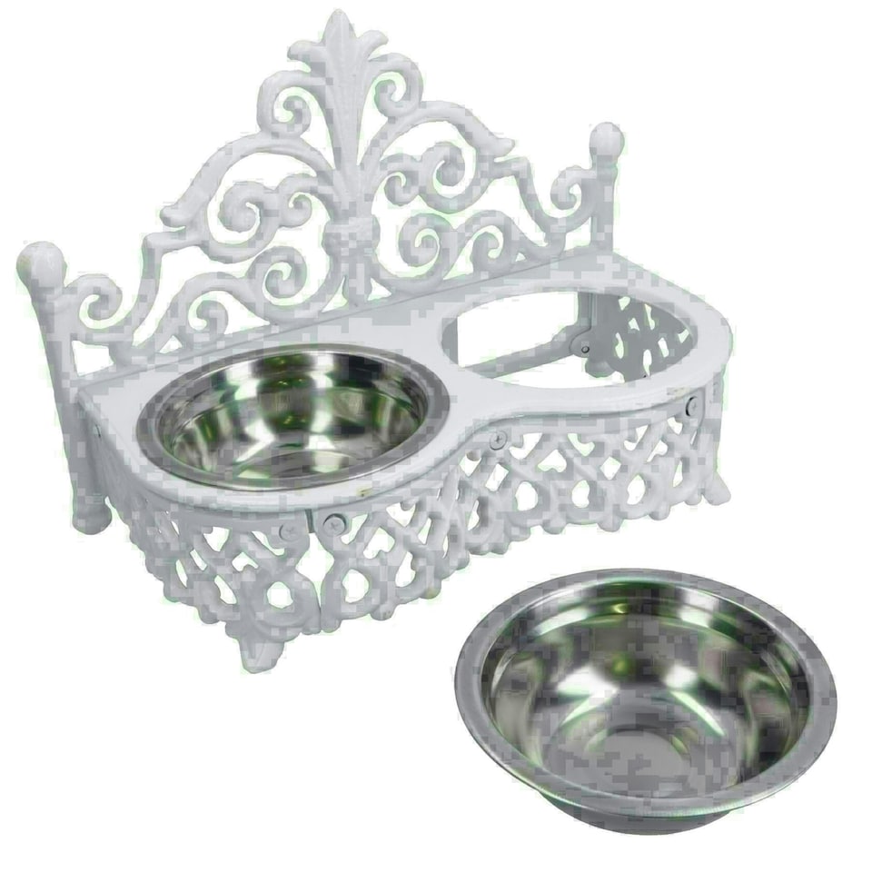image 1 of Dog Puppy Cat Feeding Food Bowls Dishes Stainless Steel / Cast Iron White Stand White