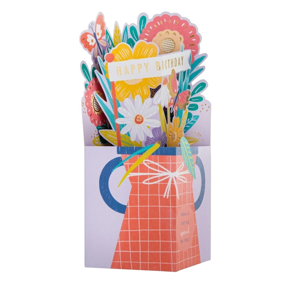 image 1 of 3D Pop-Up Pink Flowers & Vase Design Birthday Card
