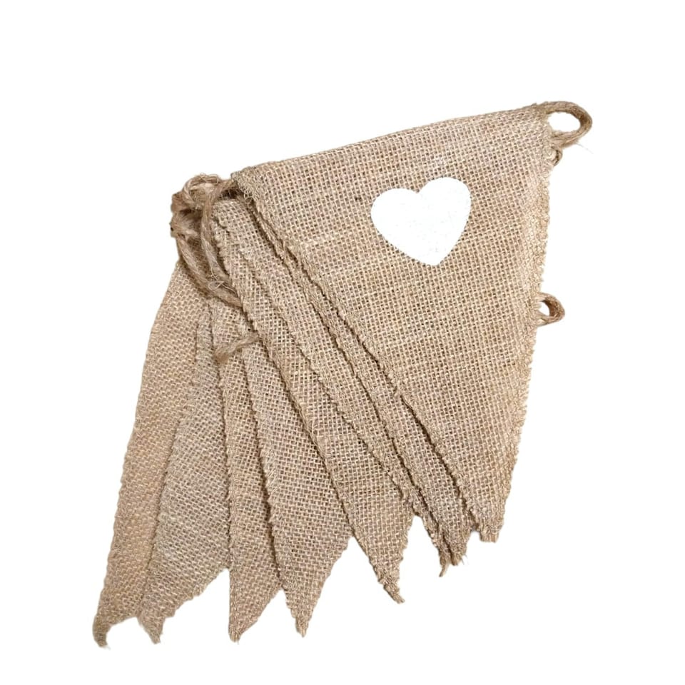 image 1 of Hessian White Hearts Party Bunting 3m with 14 Pennants