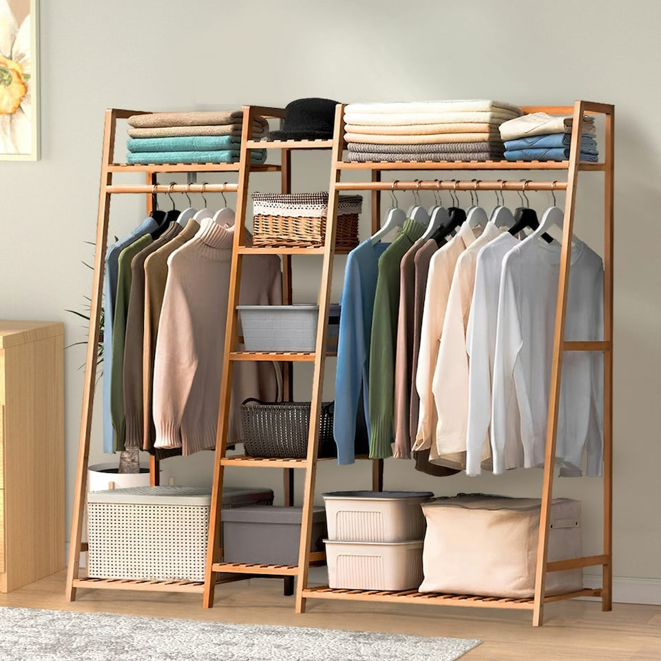 image 1 of Living and Home Trapezoid Bamboo Garment Rack with Tiered Storage Shelves | Brown