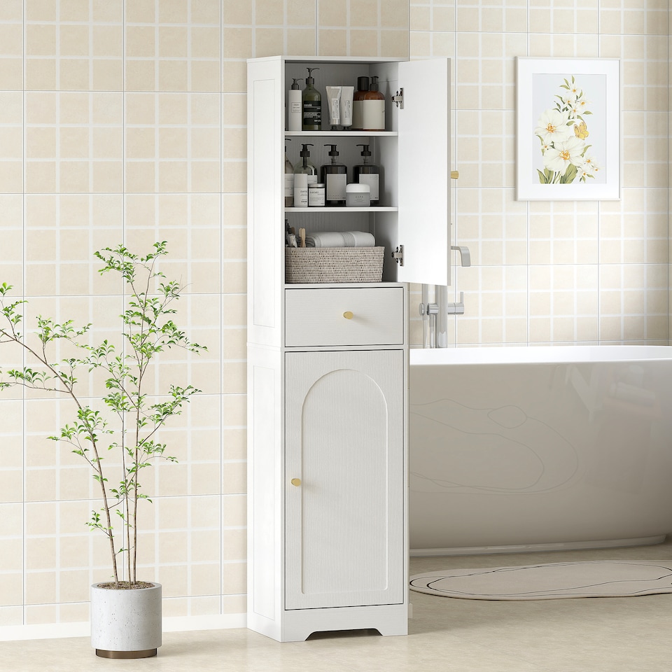 image 1 of HOMCOM Tall Bathroom Storage Cabinet with Arch Doors Adjustable Shelf White