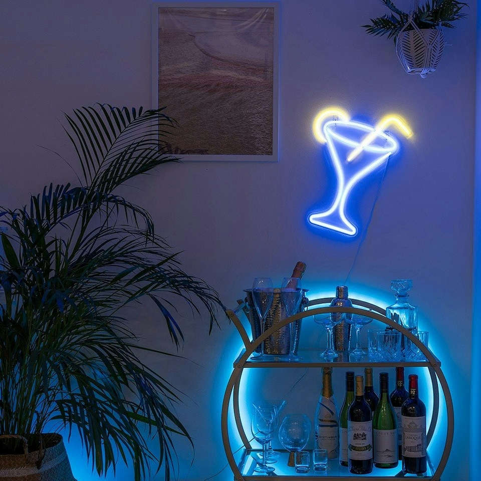 image 1 of ValueLights Neon Cocktail Glass Neon White Illuminated Decoration and Integrated LED 3W Multicolour Bulb