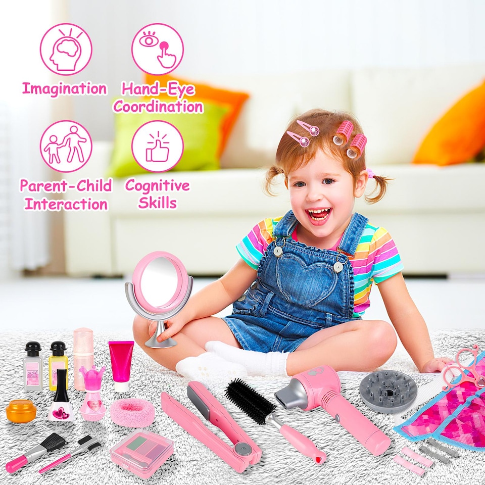 image 1 of 35-Piece Pretend Makeup & Hairdressing Set for Girls - Beauty Salon Role Play Kit with Toy Hairdryer, Mirror & Makeup - Portable Bag Included