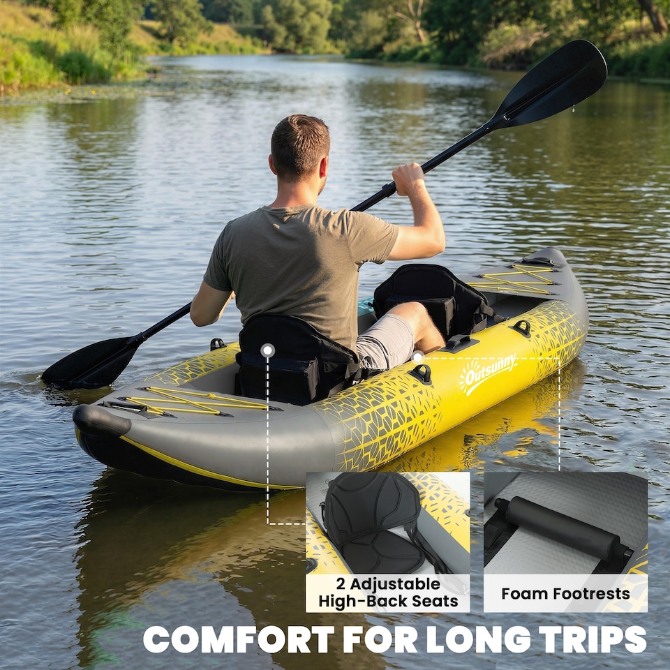 image 1 of Outsunny 2.5' Inflatable Kayak 2-person Sit on Canoe with Paddles | Grey | Yellow, Grey | 381 x 94 x 40 cm
