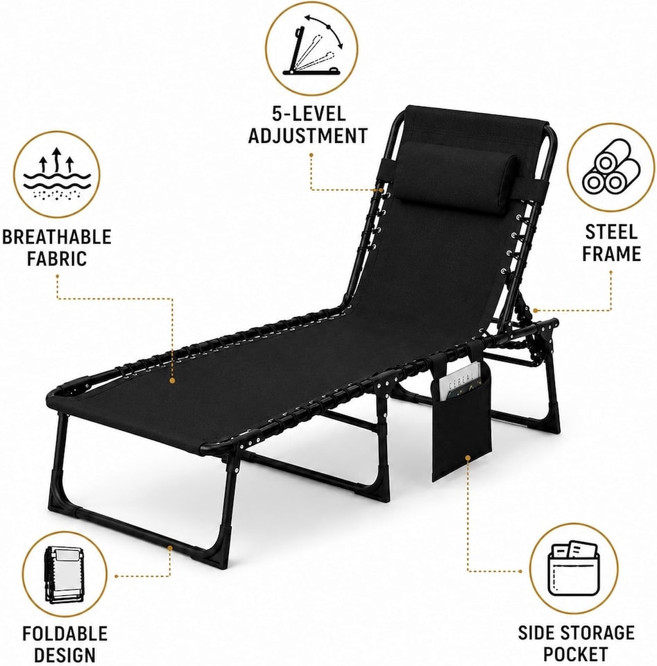 image 1 of Black Folding Sun Lounger with Adjustable Backrest - Portable Sunbed Chair, Steel Frame, Oxford Fabric, Garden Recliner Bed