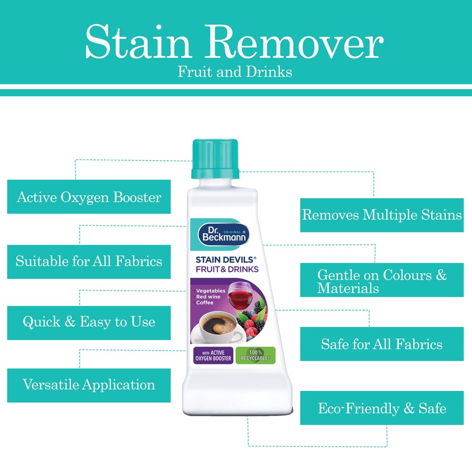 image 1 of Dr Beckmann Stain Devils Fruit and Drink Stain Remover 50ml Pack of 2 for Coffee Tea Wine Juice Fabric Spot Cleaning Solution