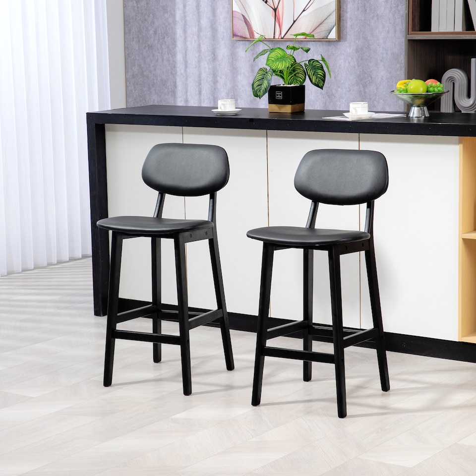 image 1 of HOMCOM Bar Stools Set of 2, Breakfast Bar Chairs, PU Leather Upholstered Kitchen Stools with Backs, Footrests and Solid Wood Legs, Black