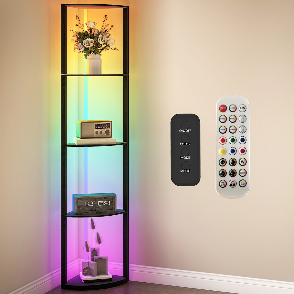 image 1 of HOMCOM RGB LED Floor Lamp with Shelves, 5-Tier Dimmable Standing Lamp with Adjustable Brightness and Remote Control, Modern Corner Display Shelf Unit for Living Room Bedroom Office, Black | Black