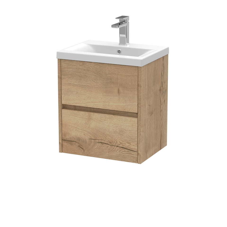 image 1 of Square Wall Hung 2 Drawer Vanity Unit & Basin, 500mm Autumn Oak | Brown | Autumn Oak | 390 x 510 x 579mm