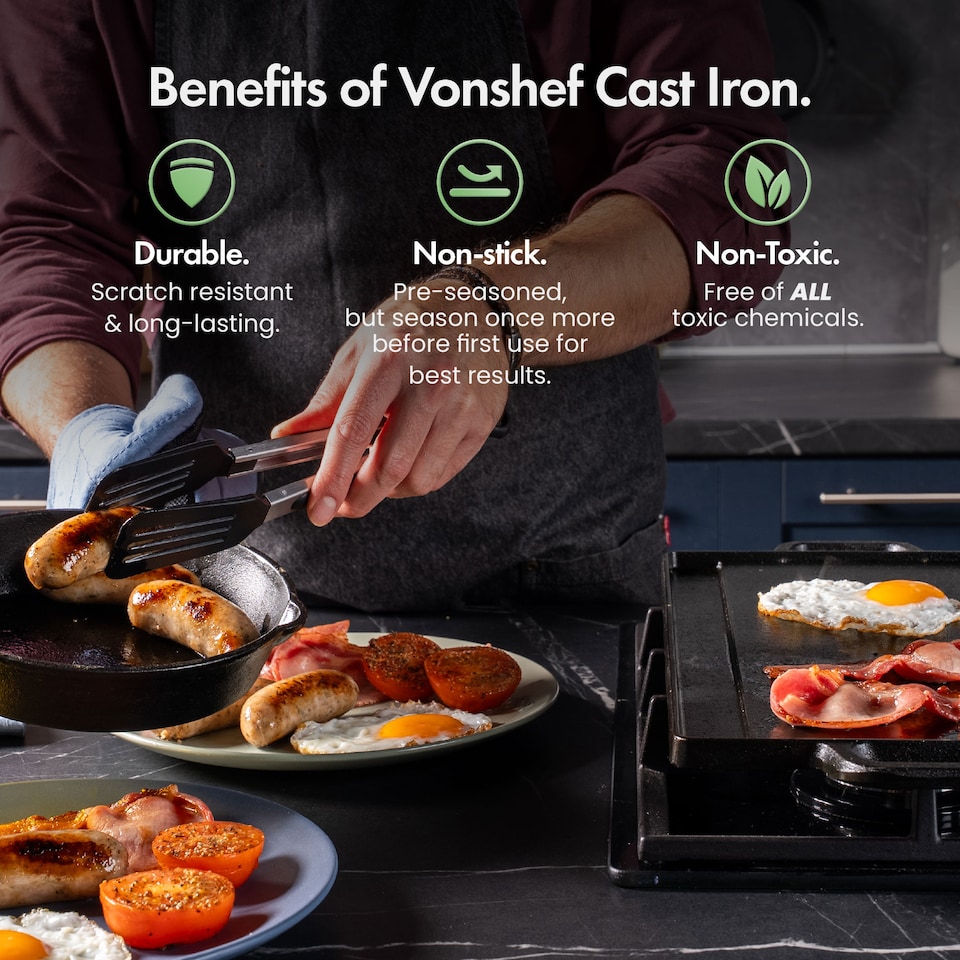 image 1 of VonShef Cast Iron Griddle Plate, Pre-Seasoned Non-Stick