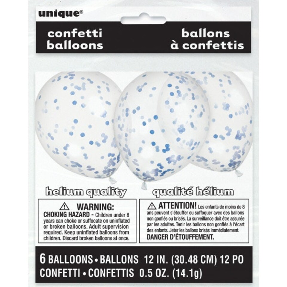 image 1 of Pack of 6 Clear Latex Balloons with Royal Blue Confetti 12"