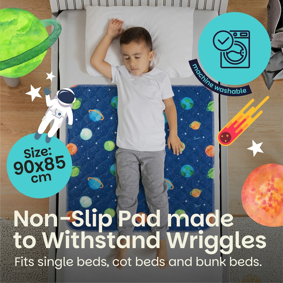 image 1 of Toddler Potty Training Bed Pads - Non-Slip - Soft Waterproof Bedwetting Pee Protector Mat for Kids - Multi-Layer, Washable, Absorbs Up to 2000ml - 90 x 85cm Blue | Astronaut | Single