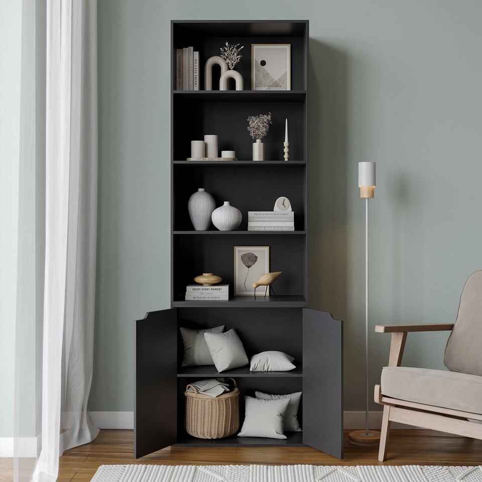 image 1 of 6-Tier Bookcase with 2-Doors | Black | 1