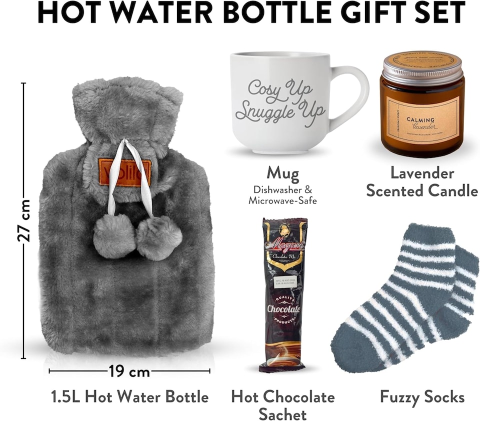 image 1 of volila 3.5L Hot Water Bottle - Ribbed Natural Rubber with Washable Faux-Fur Cover and Pom-Pom Ties | Grey | Grey with Set | 1