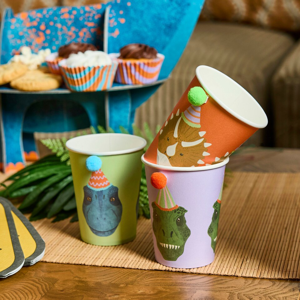 image 1 of Party Dinosaur Pom Pom Paper Cups - Pack of 6