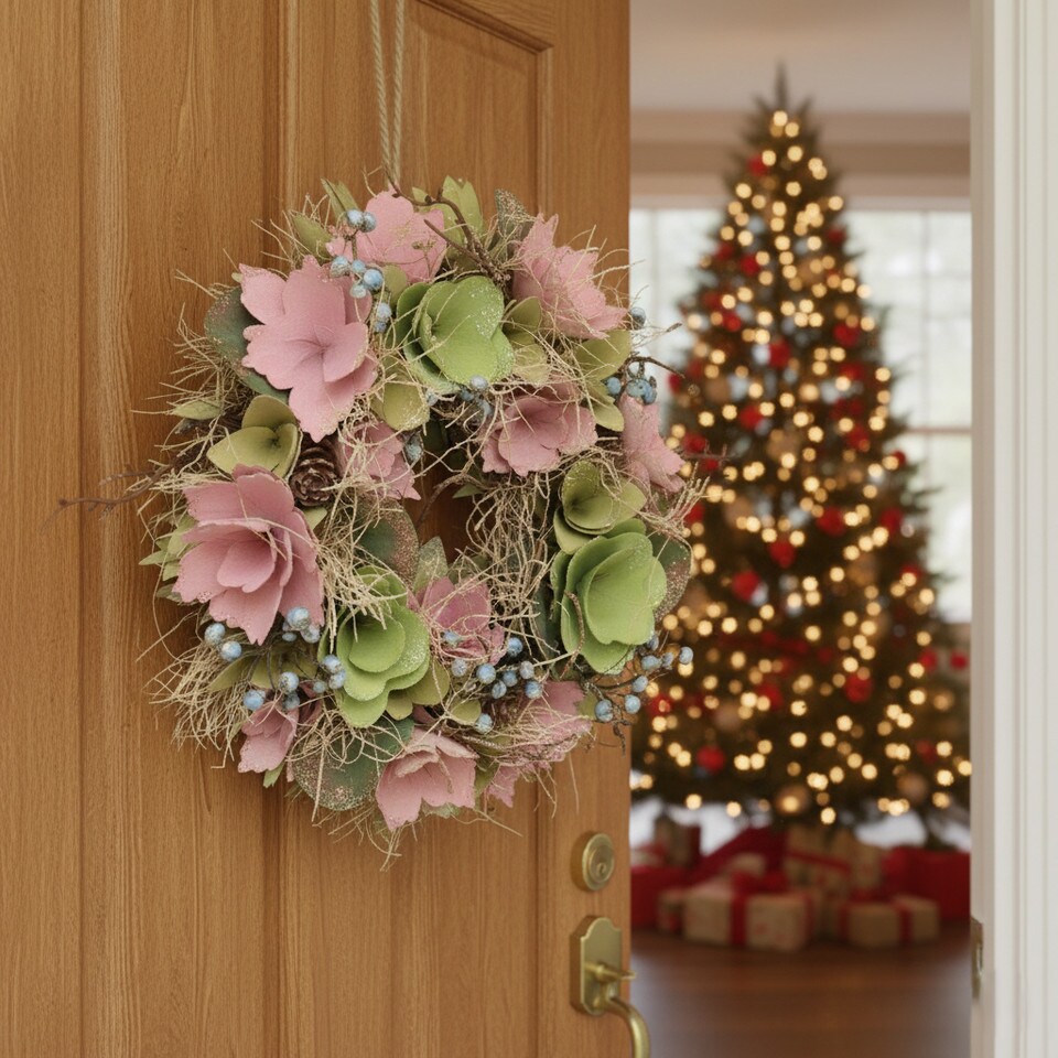 image 1 of Hanging Door Wreath Round Spring Easter Christmas Wall Decor Traditional Festive | Multi | Pink & Green Twigs | 34cm | 1