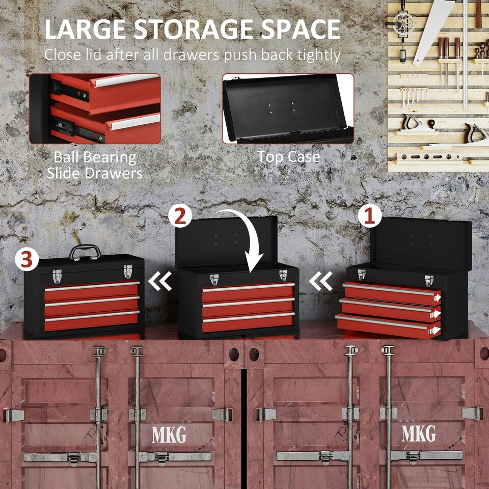 image 1 of DURHAND Lockable 3 Drawer Tool Chest with Ball Bearing Slide Drawers Black | Black | Red | 51cm x 22cm x 32cm | 1