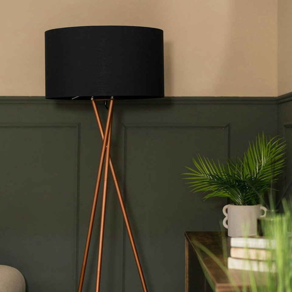 image 1 of ValueLights Camden Copper Tripod Floor Lamp Black Shade & Bulb Black