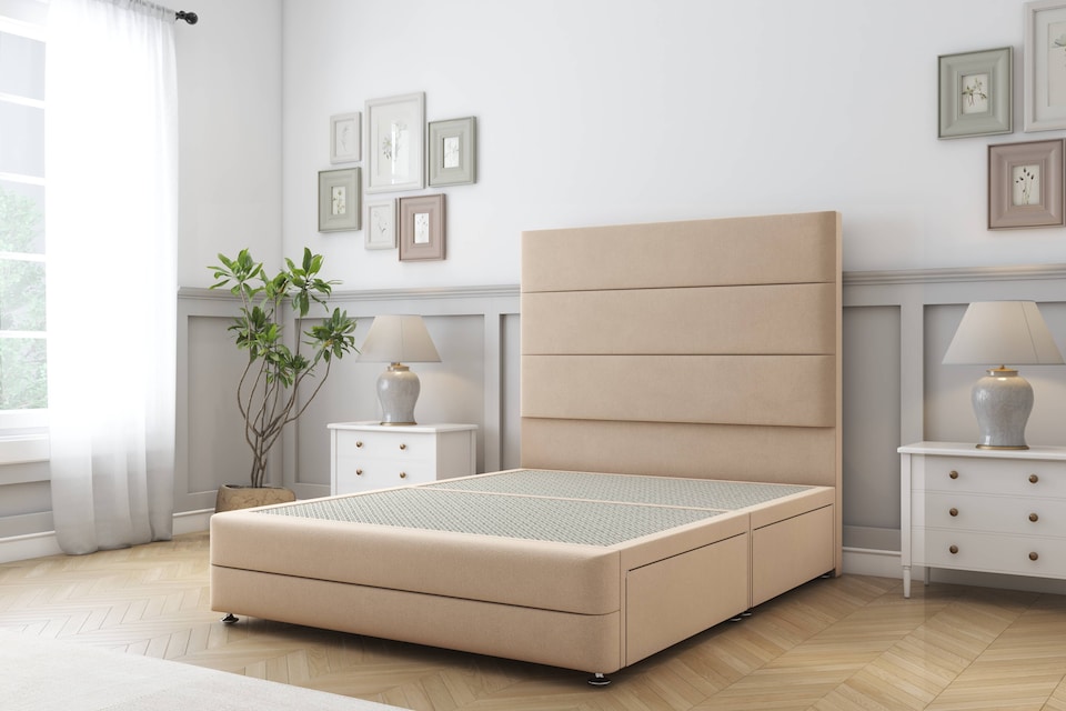 image 1 of Sloomy Monaco Pebble Plush Divan Bed Base 2 Drawers Right Side With 54 Inch Floor Standing Headboard & 12 Inch Matching Footboard | Brown | Pebble | Super King | 1