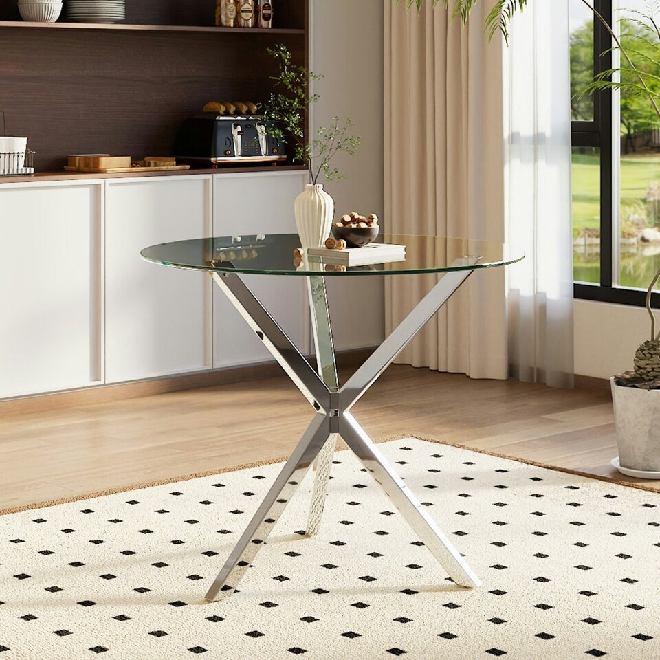 image 1 of Living and Home Modern Round Tempered Glass Dining Coffee Table
