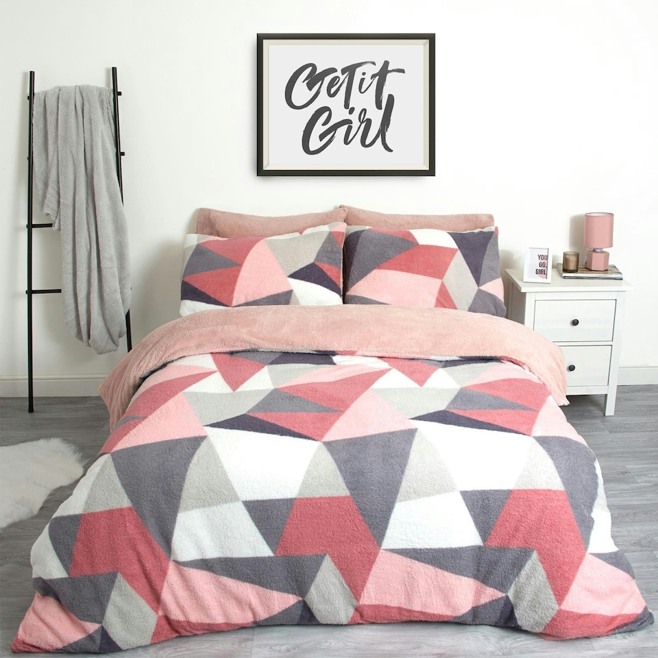 image 1 of OHS Geometric Shapes Teddy Fleece Duvet Cover and Pillowcase Set, Single - Blush Pink
