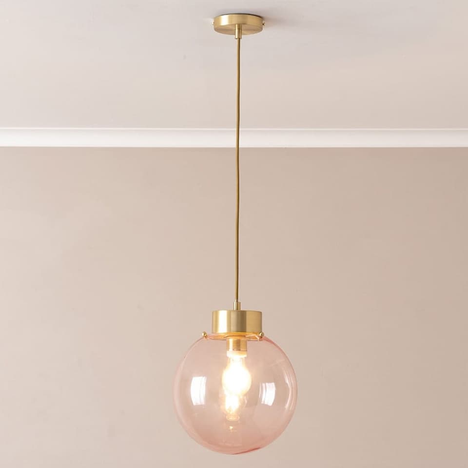 image 1 of ValueLights Frenchie Pink Glass Globe Brushed Gold Capped Ceiling Pendant Light | Gold