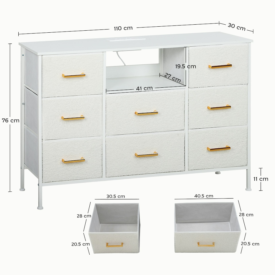 image 1 of HOMCOM Boucle Chest of Drawers, 8 Fabric Drawers Storage Organiser with Charging Station, 2 USB and 2 AC Ports, Steel Frame, Fabric Dresser for Living Room, Bedroom, Hallway, Cream White | Cream | Cream
